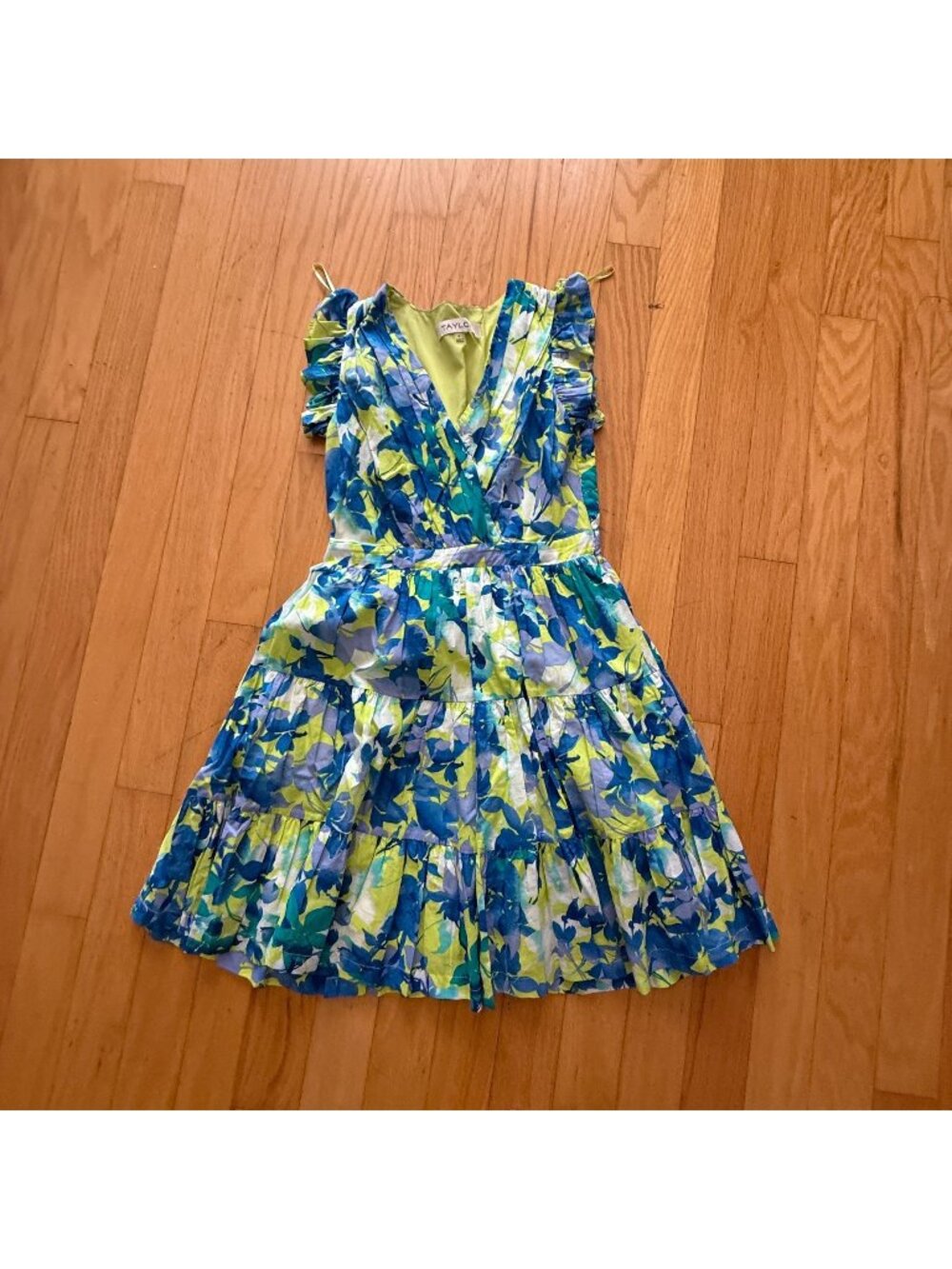 Taylor Women's 8 Blue/Green Floral Printed A-Line V-Neck Dress